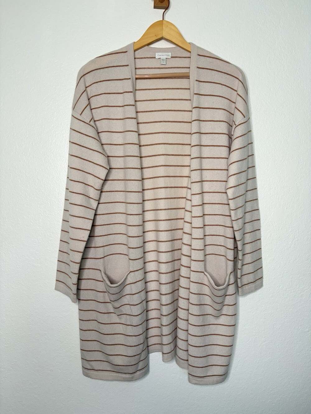 Garnet Hill Striped Open Front Long Cardigan Cashmere Size Small Cozy Minimalist